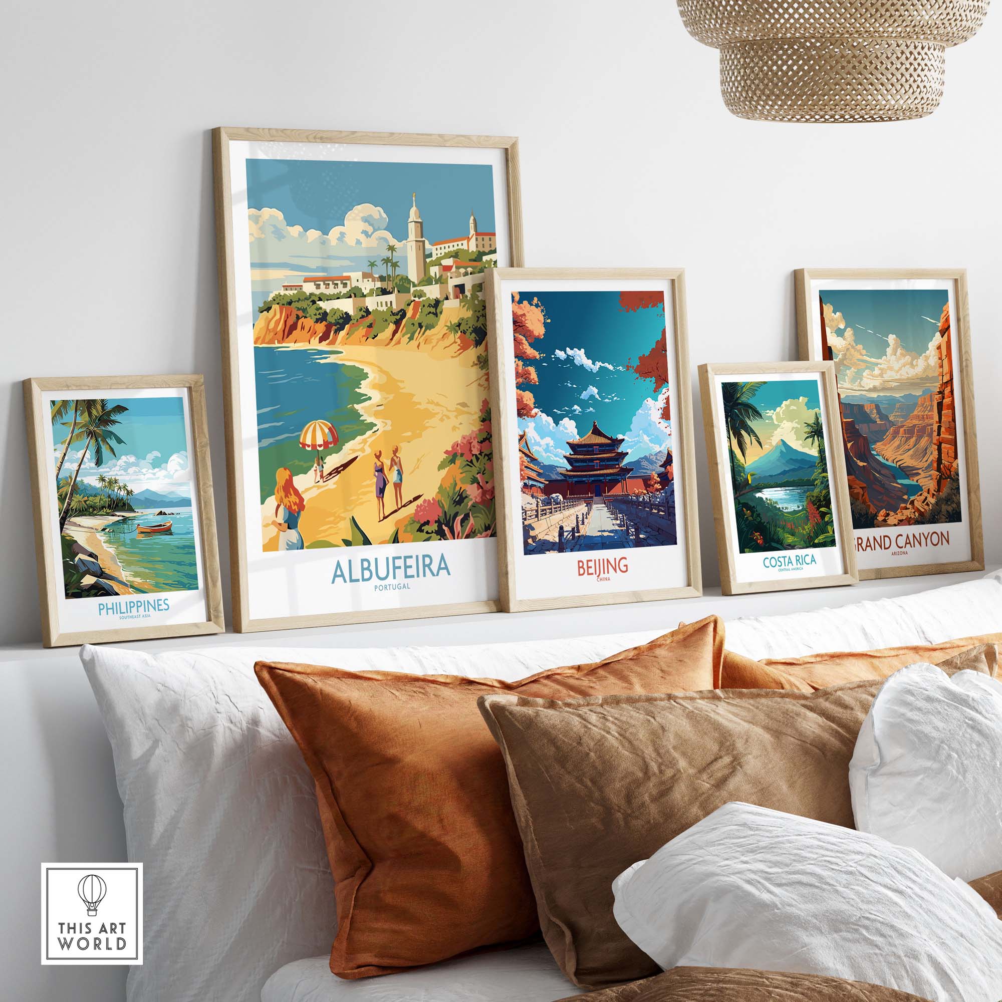 Modern wall art showcasing Albufeira, Portugal alongside prints from various global locations.