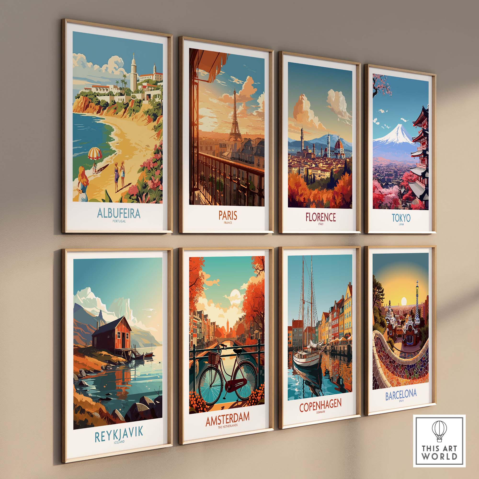 Modern wall art featuring Albufeira and iconic cities like Paris, Florence, and Tokyo in vibrant colors.