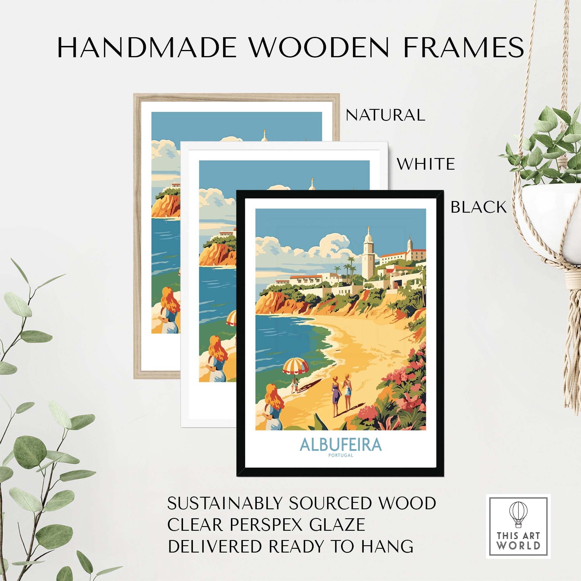 Handmade wooden frames in natural, white, and black colors displaying Albufeira wall art print.