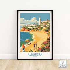 Vintage Albufeira Portugal wall art featuring a beach scene with vibrant colors and modern design.