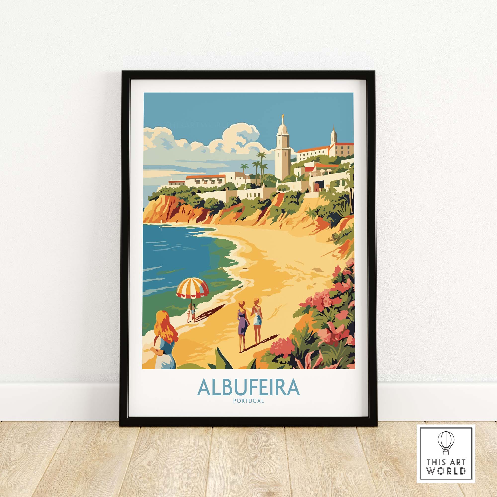 Albufeira Portugal wall art featuring a vibrant beach scene with tourists, capturing Algarve's beauty and charm.
