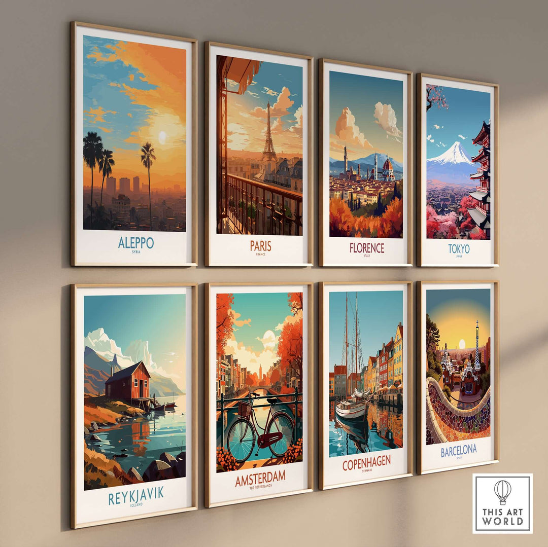 Gallery of framed cityscape posters featuring Aleppo, Paris, Florence, Tokyo, Reykjavik, Amsterdam, Copenhagen, and Barcelona.