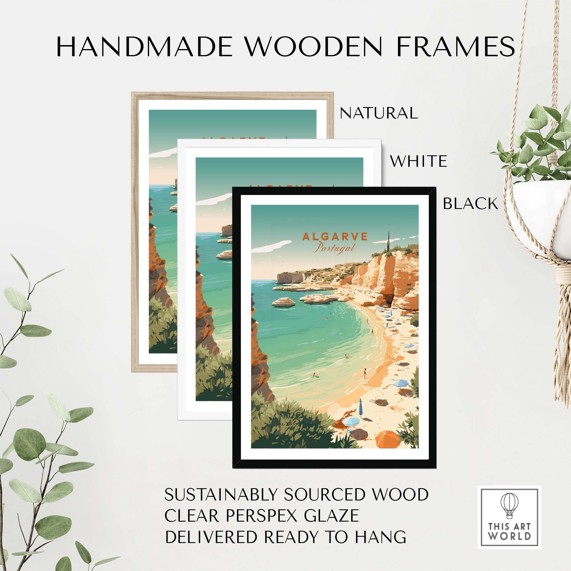 Algarve Beach poster with handmade wooden frames in natural, white, and black, featuring sustainably sourced wood.