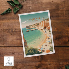 Algarve Beach poster showcasing vintage style art of Portugal's stunning coastline and serene waters.