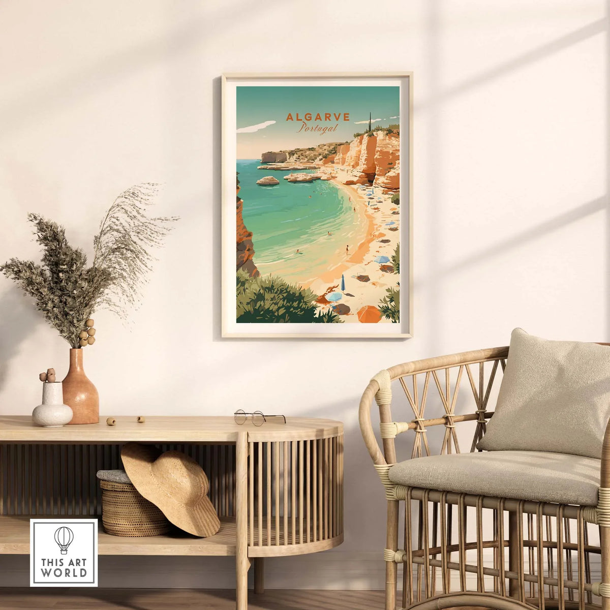 Algarve Beach poster framed on a wall, showcasing pastel colors and vintage style, perfect for home decor.