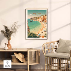 Algarve Beach poster framed on a wall, showcasing pastel colors and vintage style, perfect for home decor.