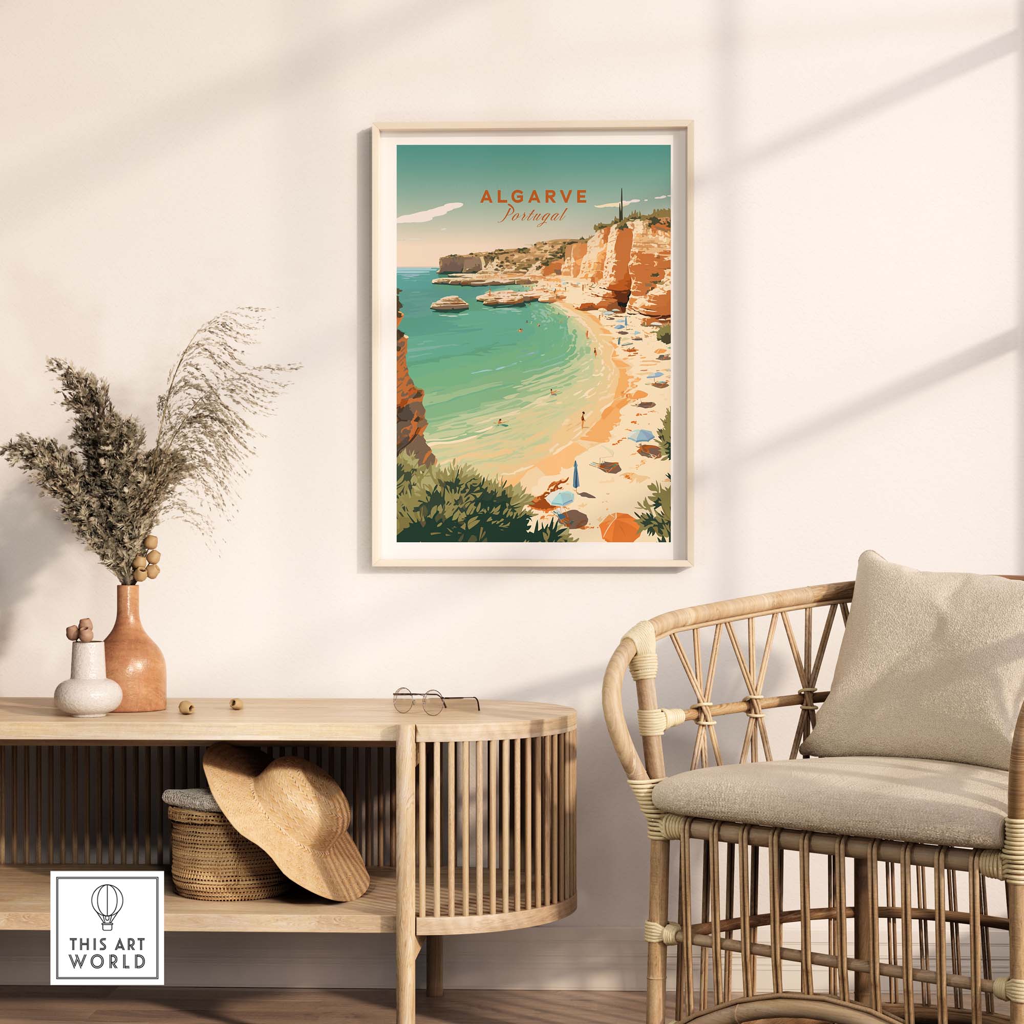 Algarve Beach poster framed on a wall, showcasing pastel colors and vintage style, perfect for home decor.