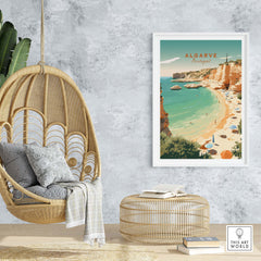 Algarve Beach poster featuring a serene coastal scene, vintage style, displayed in a cozy home setting.