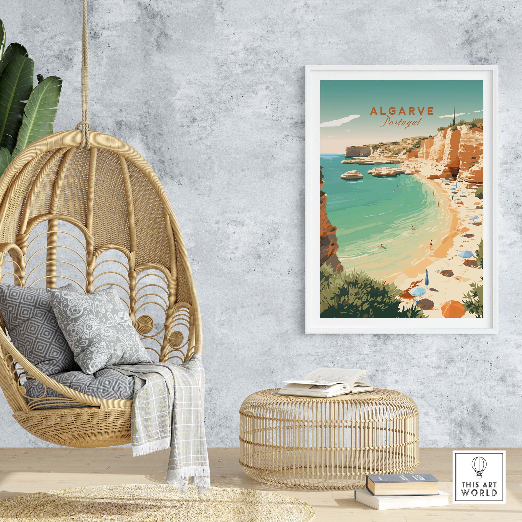 Algarve Beach poster featuring a serene coastal scene, vintage style, displayed in a cozy home setting.