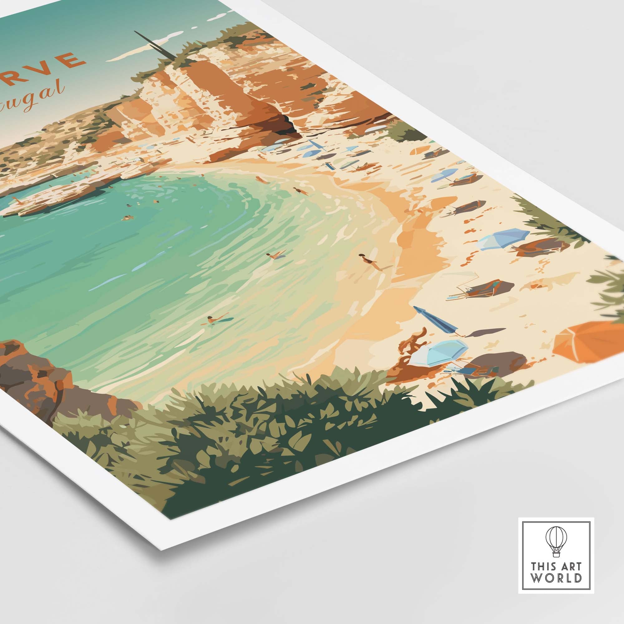 Vintage Algarve Beach Poster featuring tranquil shores, pastel tones, and a nostalgic atmosphere.