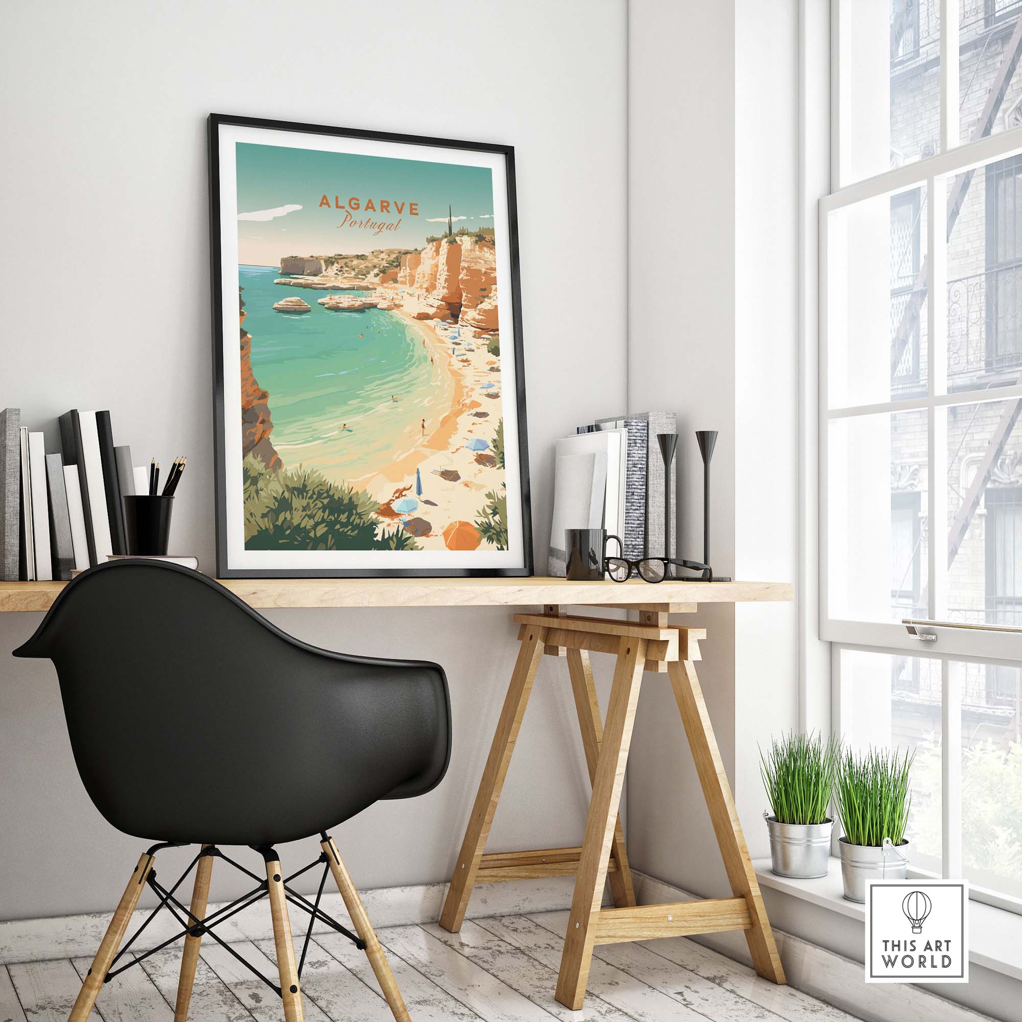 Algarve Beach poster in a stylish home office, showcasing vintage art and tranquil beach scenery.