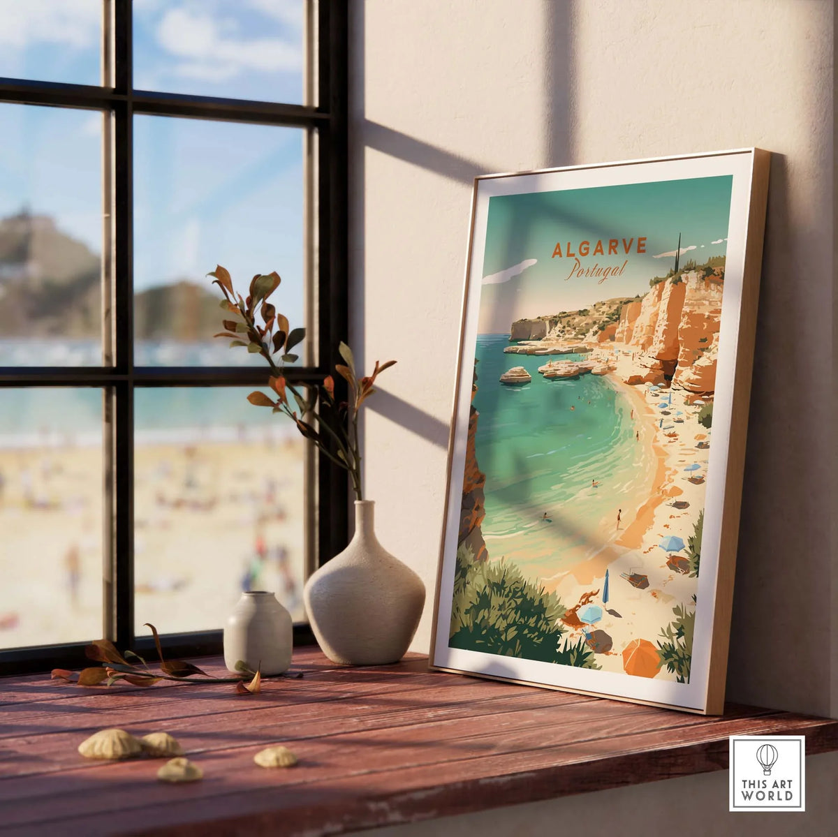 Algarve Beach Poster displayed on a wooden table by a window, featuring vintage design and pastel colors, showcasing Portugal's beautiful shores.