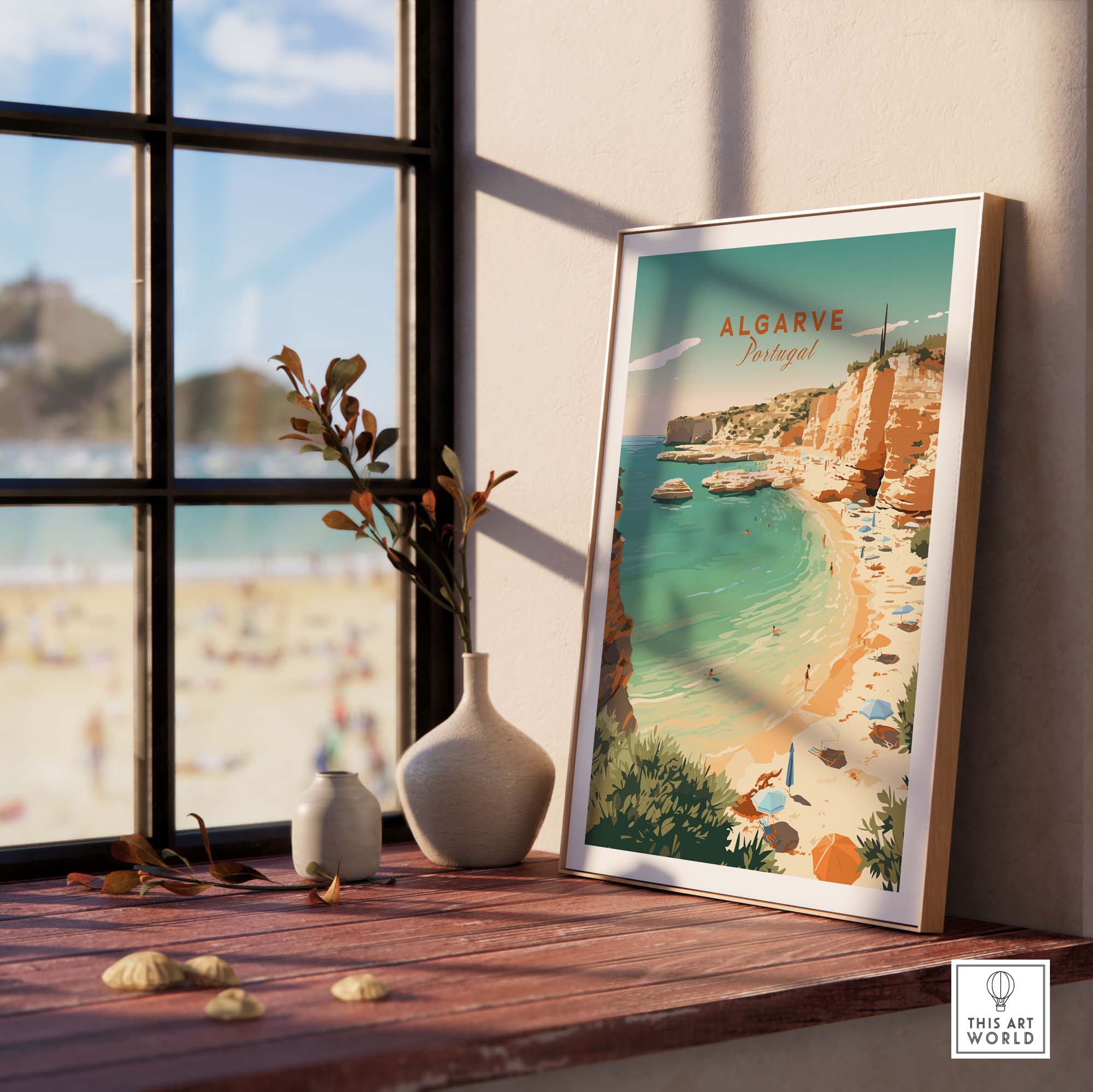 Algarve Beach Poster displayed on a wooden table by a window, featuring vintage design and pastel colors, showcasing Portugal's beautiful shores.