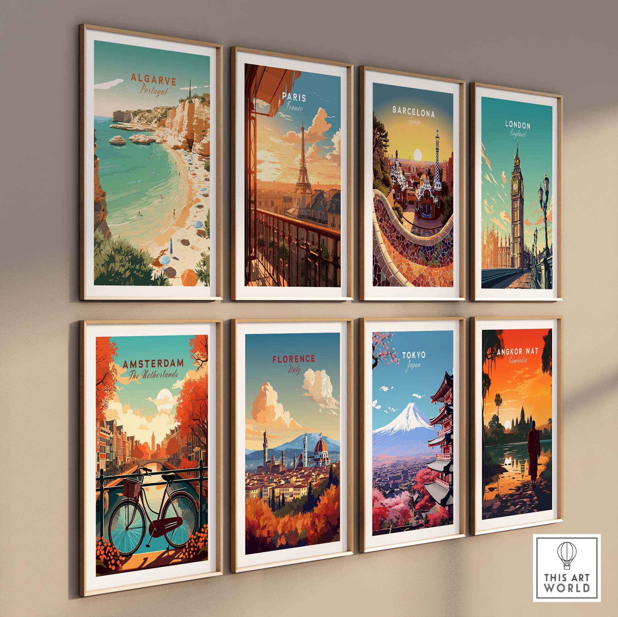 Nine vintage travel posters displayed on a wall, featuring iconic cities like Algarve, Paris, and Tokyo in vibrant colors.
