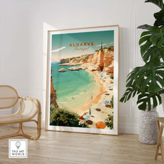 Vintage Algarve Beach poster showcasing serene shoreline and pastel colors, perfect for home decor.