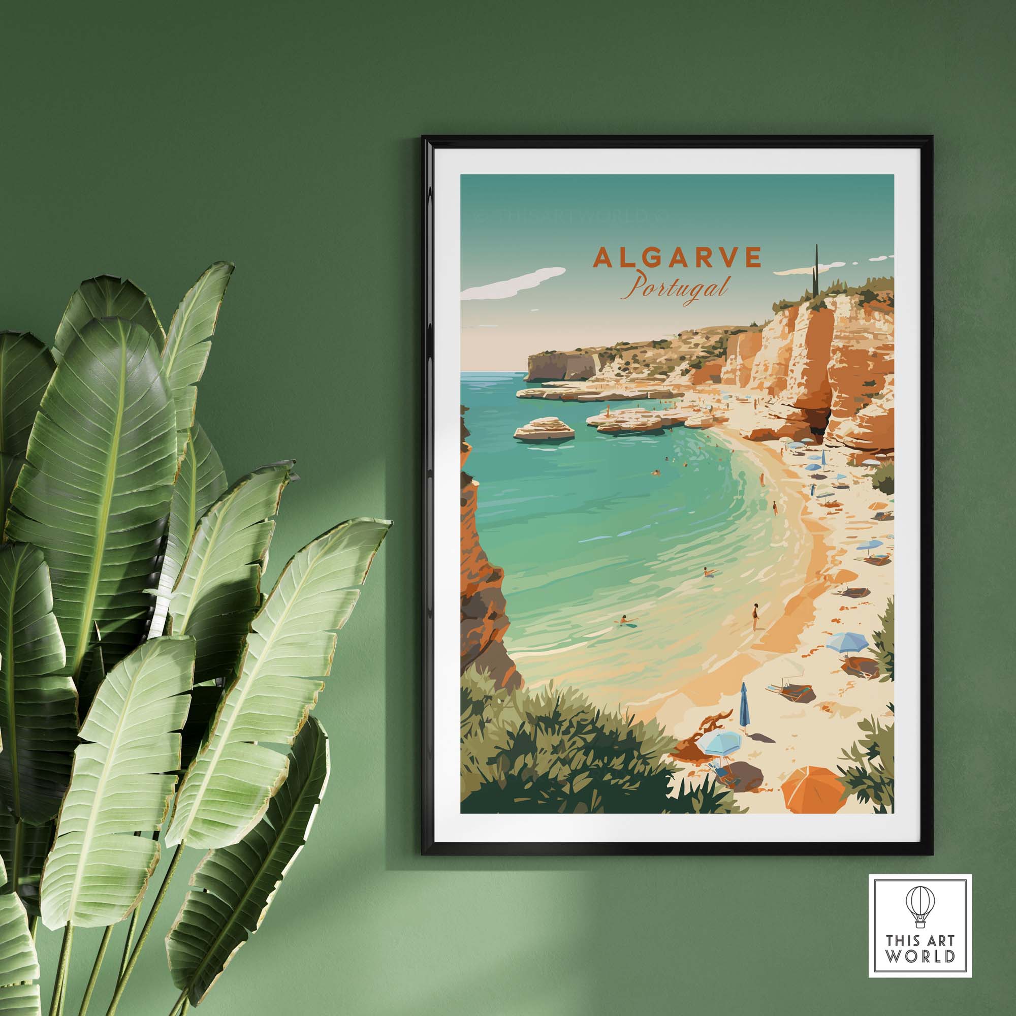 Vintage Algarve Beach Poster showcasing sunny coastline and sandy shores of Portugal in pastel tones.