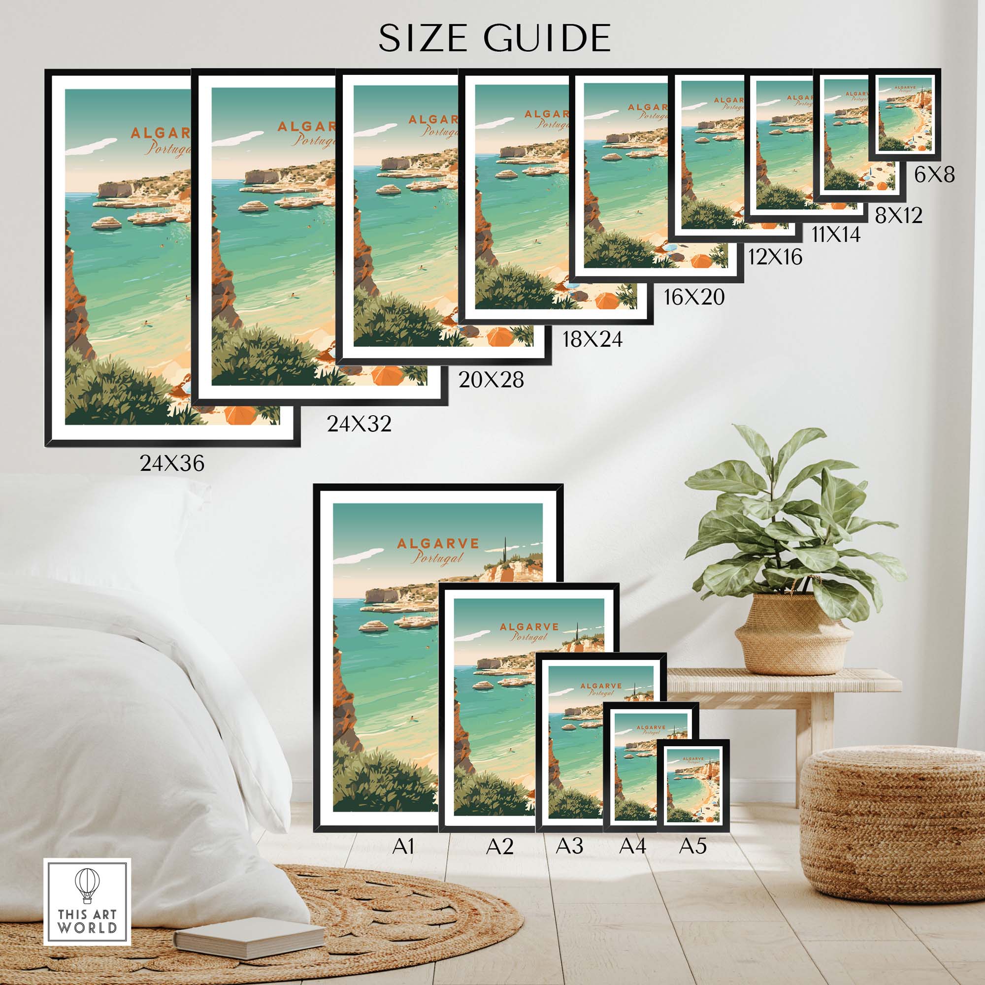 Size guide for Algarve Beach poster showcasing various dimensions and the beautiful coastal art print.