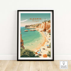 Algarve Beach poster featuring a stunning coastal view of Portugal with vintage style and pastel colors.