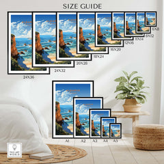 Algarve Poster Beach Print size guide showcasing various frame sizes for coastal landscape artwork.