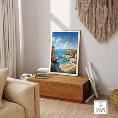 Algarve Beach Poster Print showcasing coastal landscape and vibrant colors, perfect for travel-themed home decor.