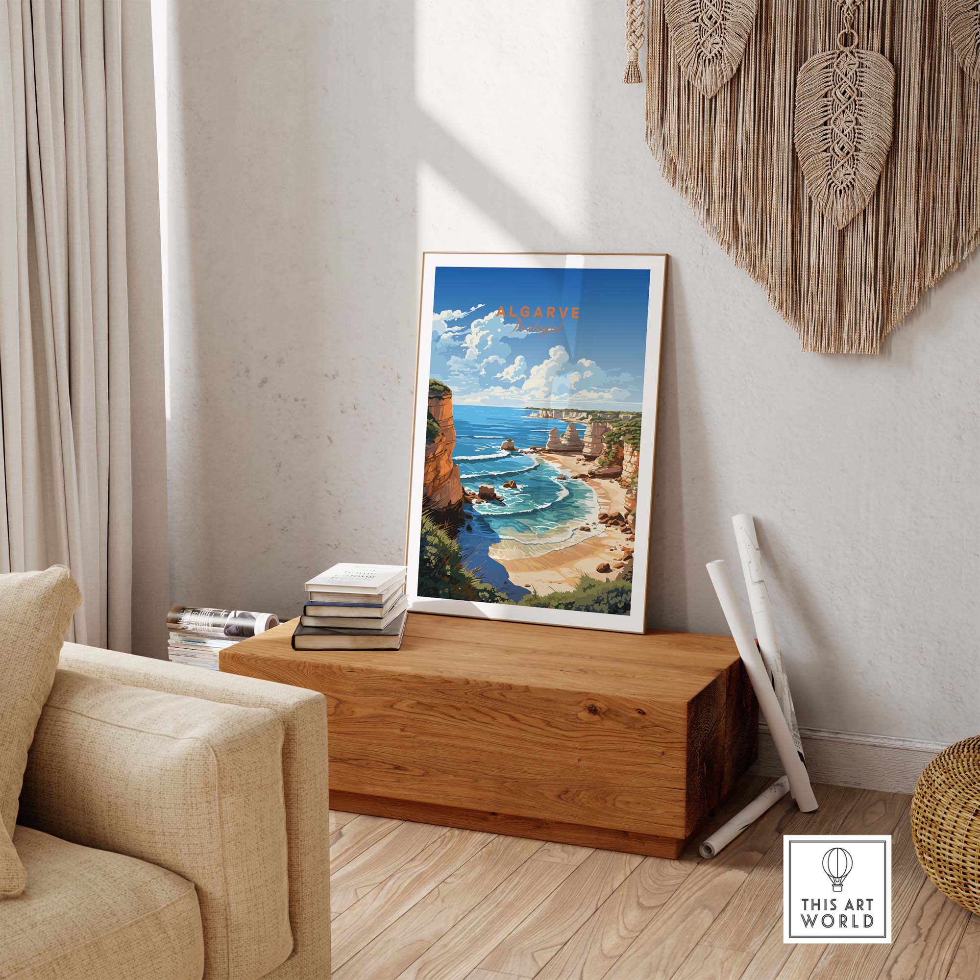 Algarve Beach Poster Print showcasing coastal landscape and vibrant colors, perfect for travel-themed home decor.