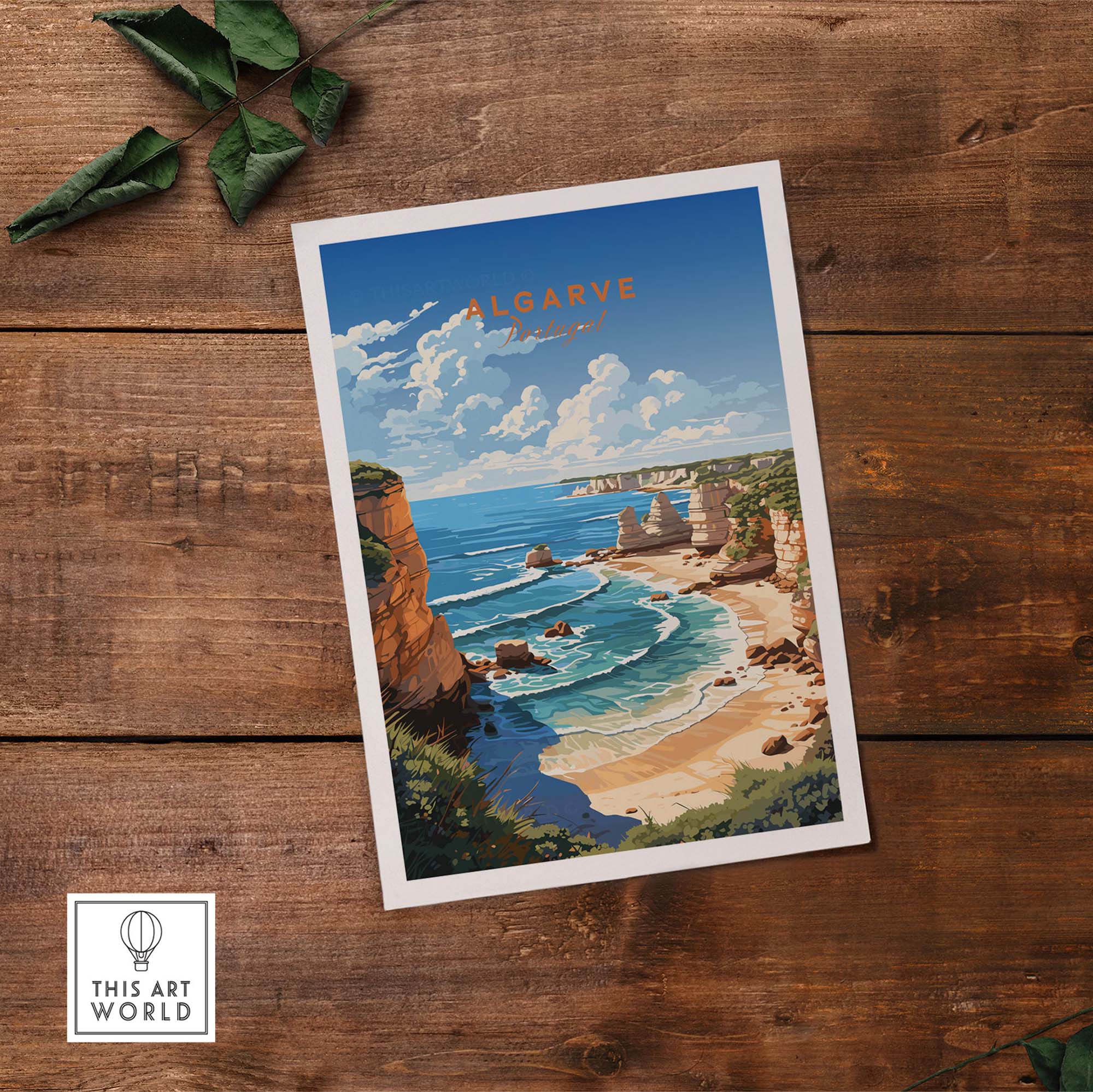 Algarve Poster Beach Print featuring vibrant coastal landscape and sunny skies, ideal for home decor.