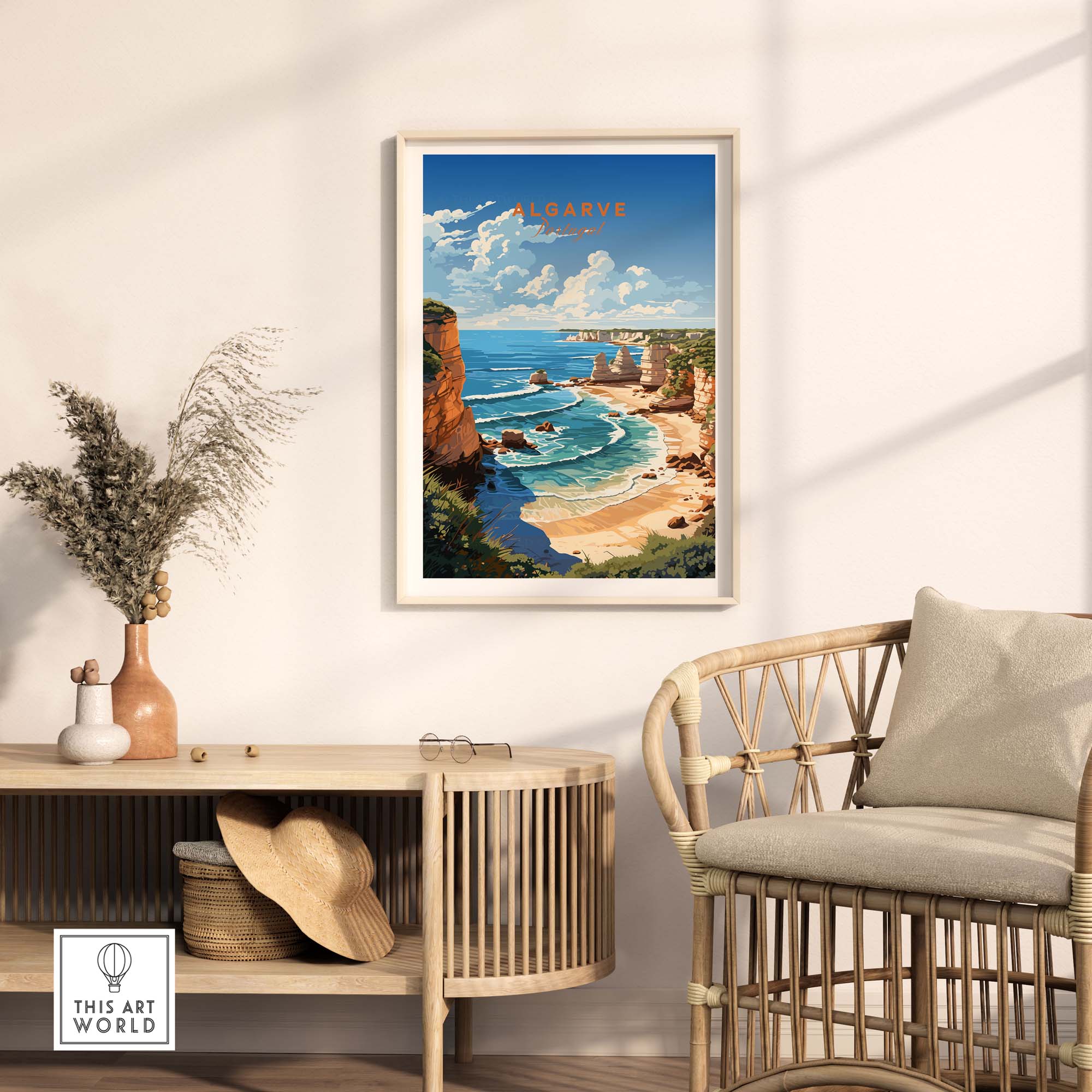 Algarve Beach Poster Print displayed in a cozy living room setting, showcasing vibrant coastal landscape and sunny atmosphere.