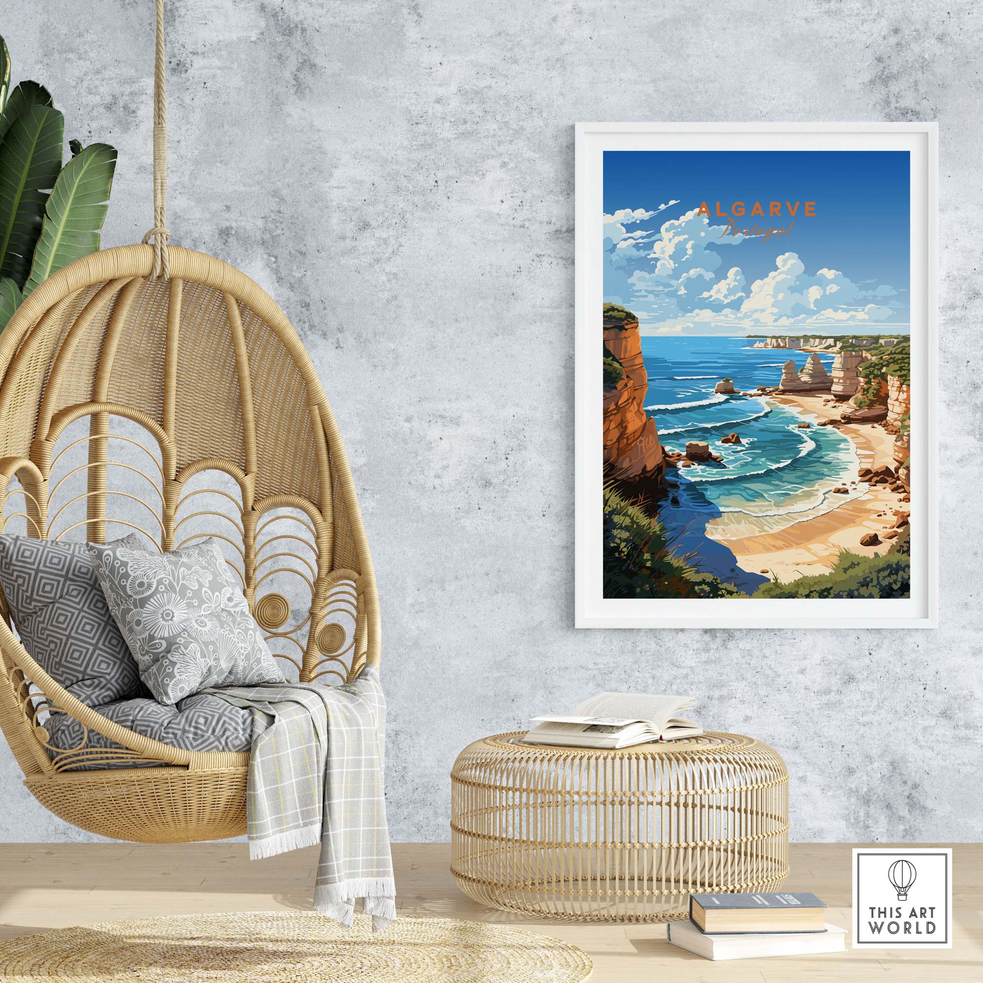 Algarve beach poster print showcasing vibrant coastal landscape interior decor inspiration