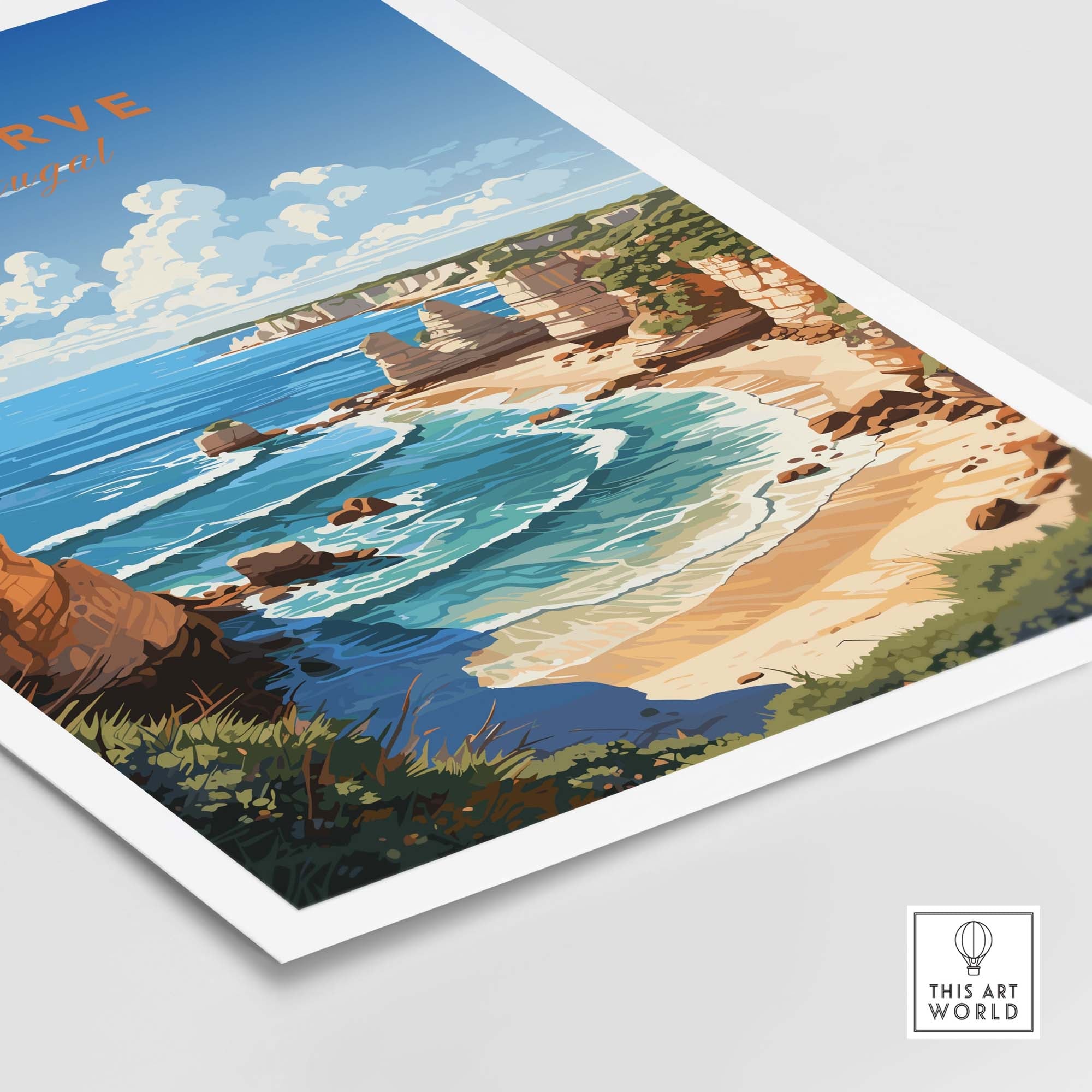 Algarve poster beach print showcasing vibrant coastal landscape and turquoise waters, perfect for travel décor.