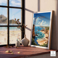 Algarve Beach Poster Print showcasing vibrant coastal landscape and blue skies, perfect for travel decor.
