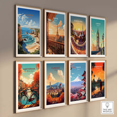 Collection of colorful travel posters featuring cities like Paris, London, Barcelona, and others, displayed on a wall.