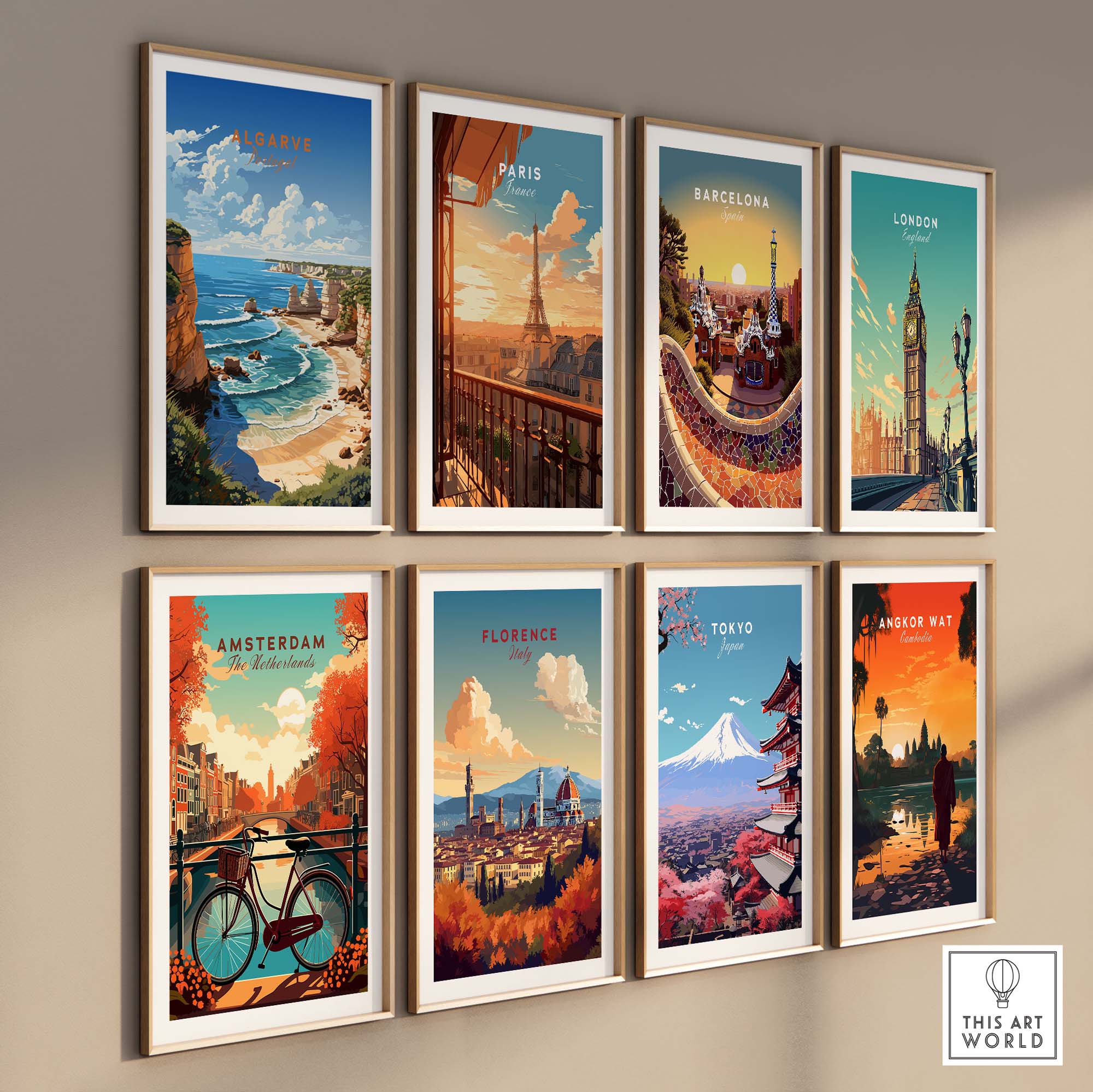Collection of colorful travel posters featuring cities like Paris, London, Barcelona, and others, displayed on a wall.