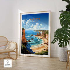Algarve Poster Beach Print showcasing a vibrant coastal landscape in a stylish interior setting.