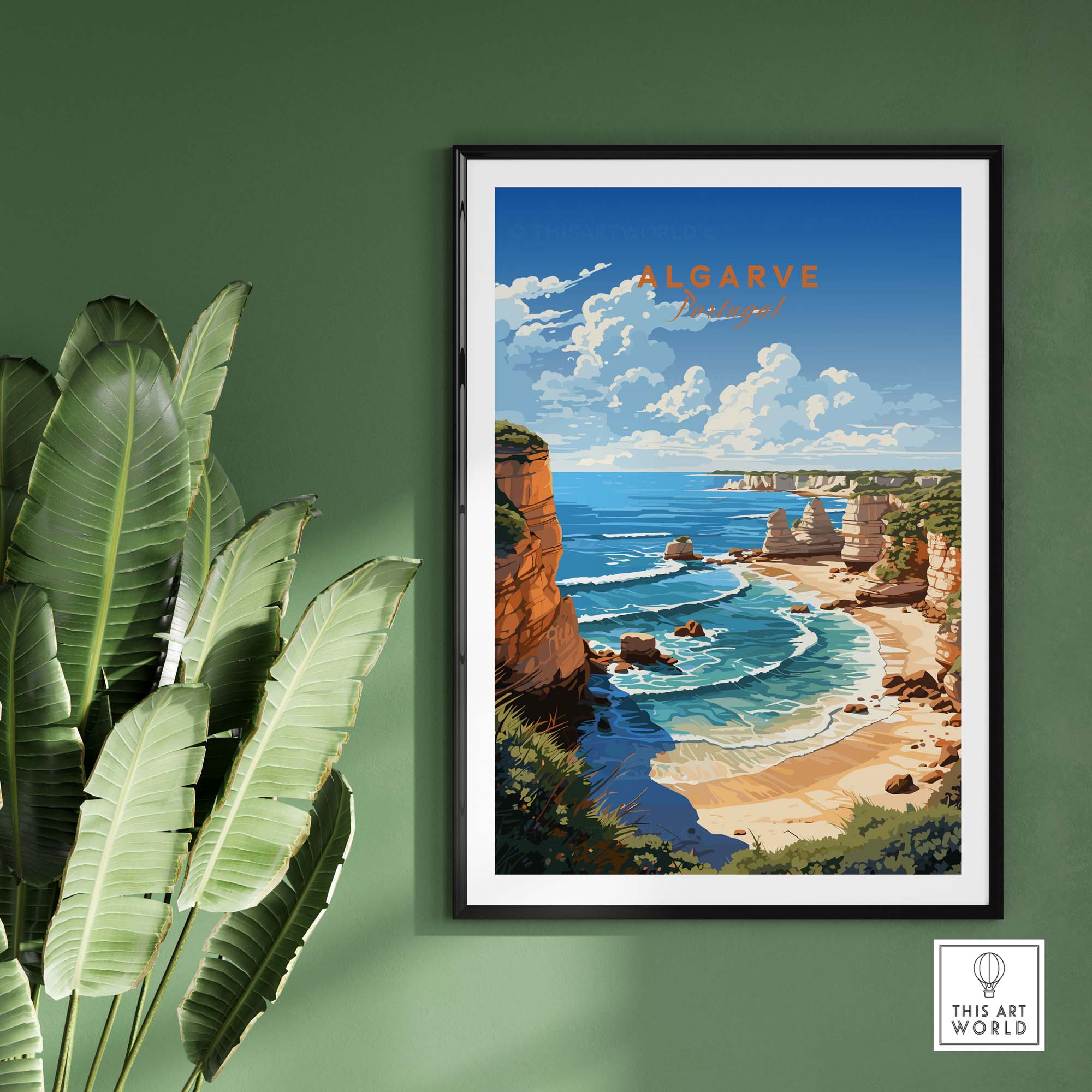 Algarve Poster Beach Print showcasing a vibrant coastal landscape, perfect for travel enthusiasts. Ideal wall art for beach lovers.