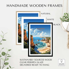 Handmade wooden frames in natural, white, and black for Algarve Beach Poster, ready to hang, sustainably sourced wood.
