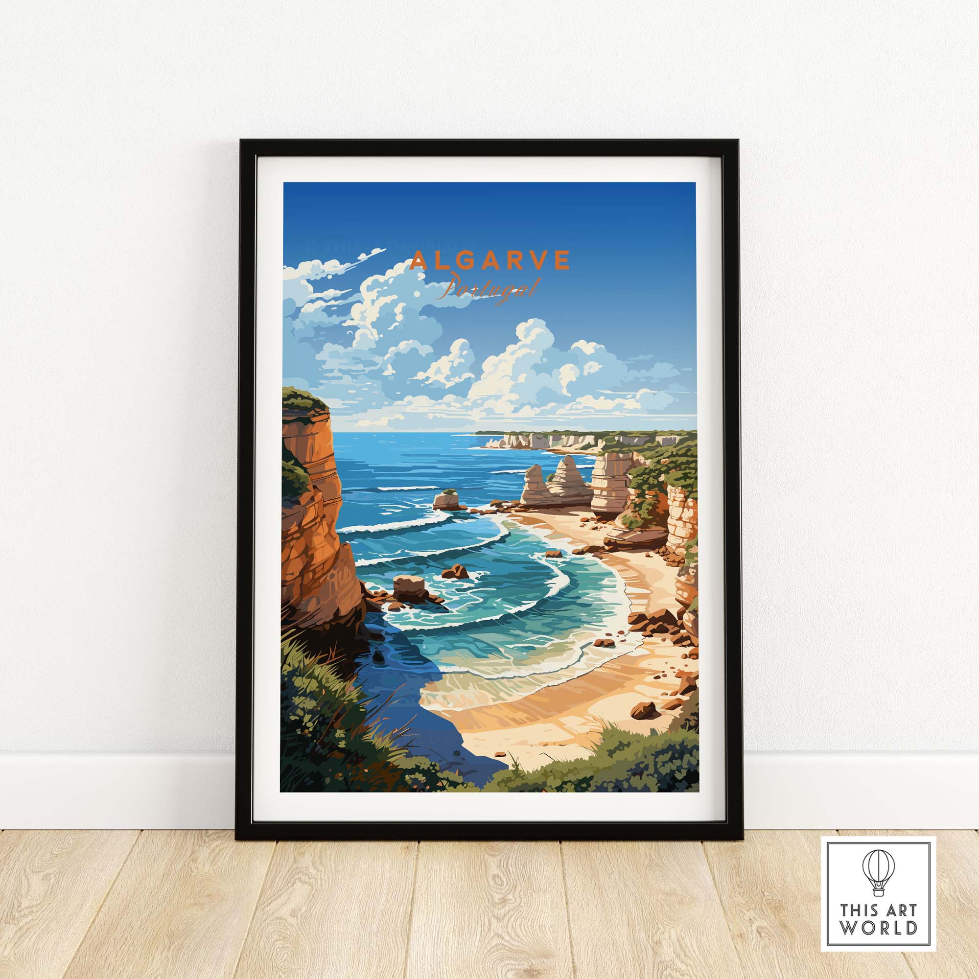 Vibrant Algarve Beach Poster Print showcasing coastal landscape and blue skies, perfect for travel decor.