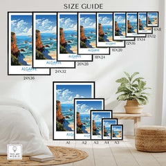 Algarve Poster size guide showcasing various print sizes in a modern living room setting.
