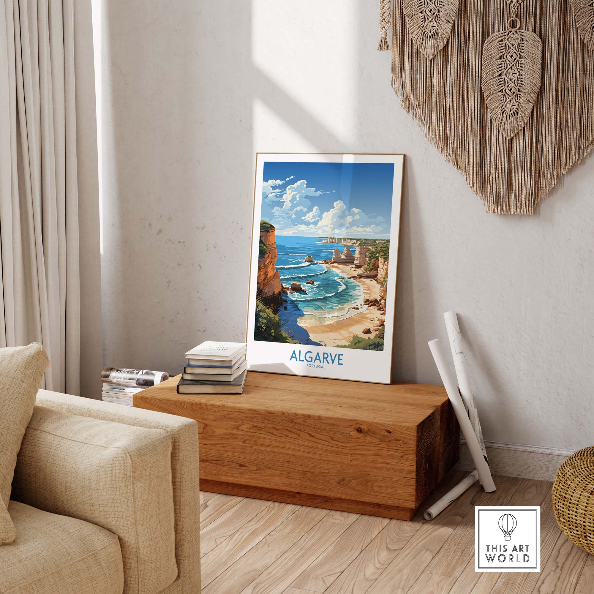 Algarve poster featuring a coastal view, displayed in a modern living room setting for vibrant home decor.