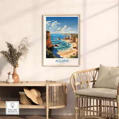 Algarve Poster in modern decor, showcasing colorful coastal landscape art from Portugal, perfect for stylish home galleries.