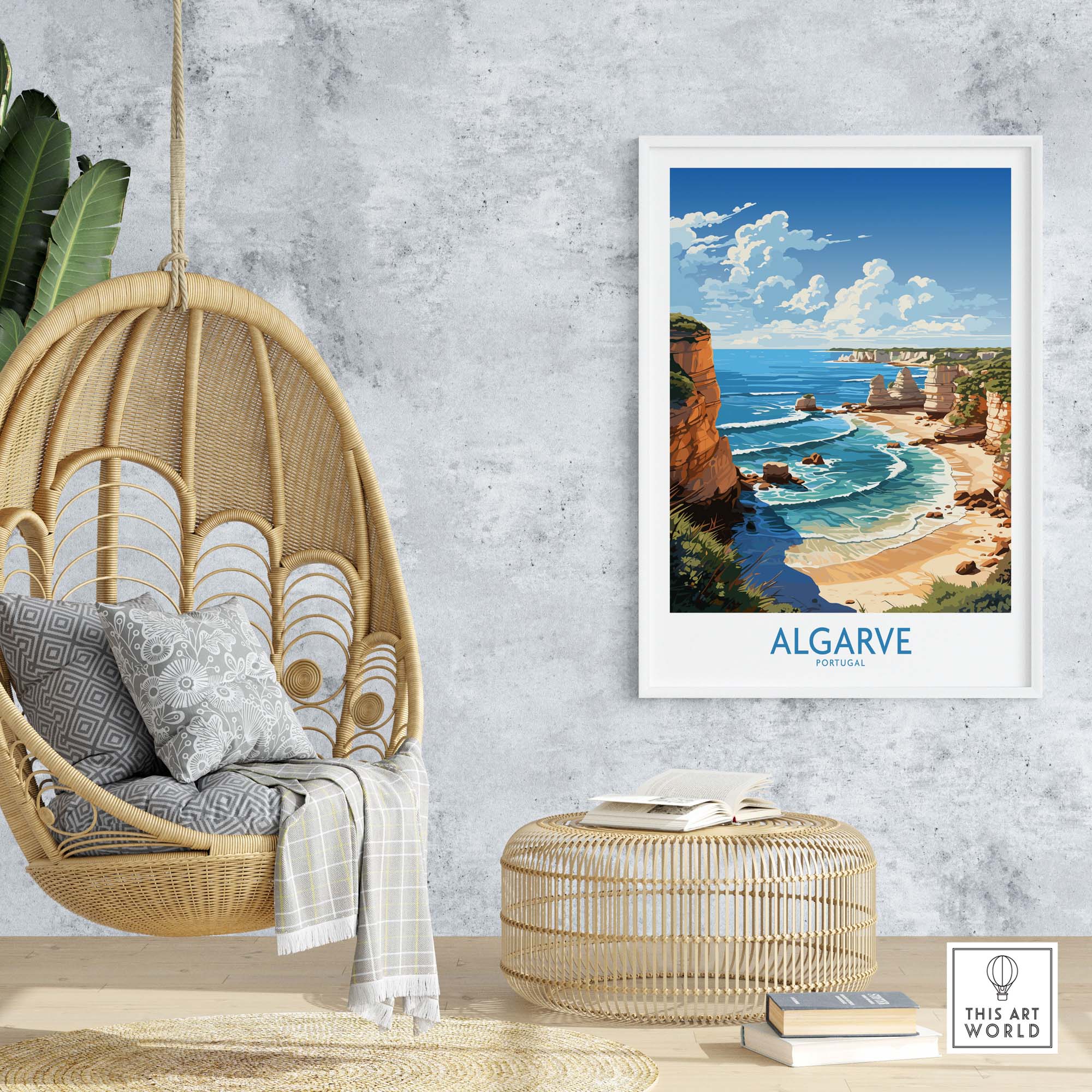 Algarve poster in a modern setting with a hanging chair and natural decor, showcasing Portugal's vibrant coastline.