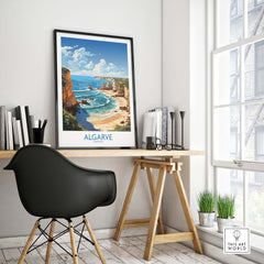 Algarve poster in modern interior, showcasing vibrant coastal scenery of Portugal, perfect for gallery wall display.