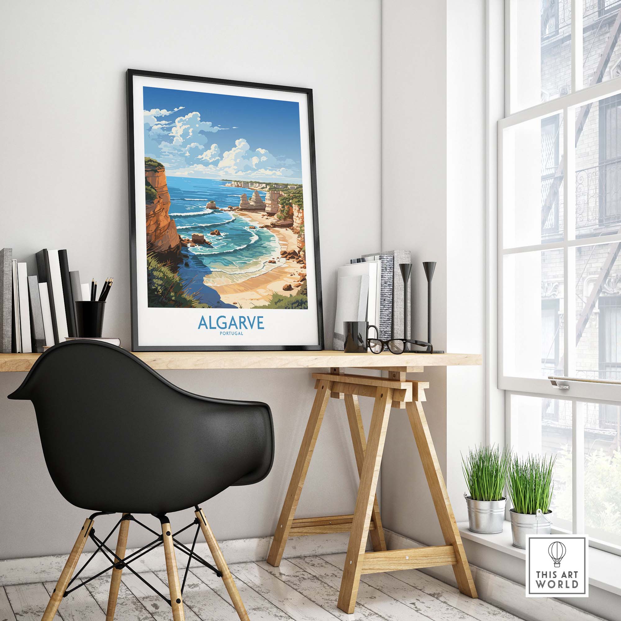 Algarve poster in modern interior, showcasing vibrant coastal scenery of Portugal, perfect for gallery wall display.