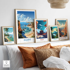 Gallery wall featuring Algarve, Beijing, Costa Rica, and Grand Canyon posters in modern frames.