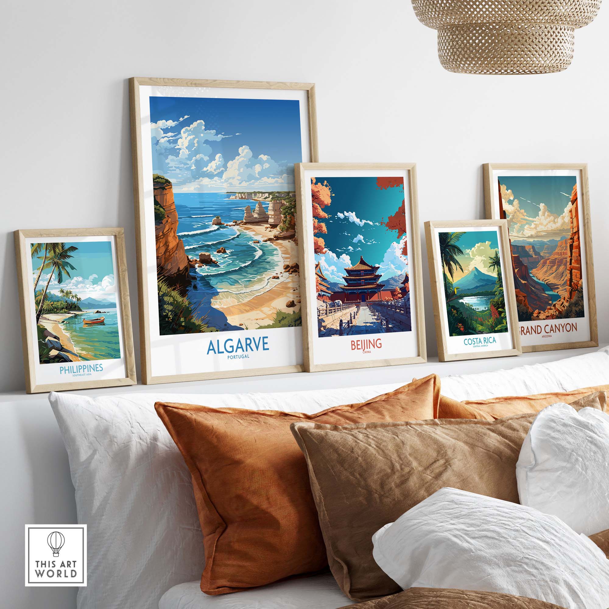 Gallery wall featuring Algarve, Beijing, Costa Rica, and Grand Canyon posters in modern frames.