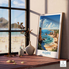 Algarve Poster displaying vibrant coastal scenery, framed and set by a window in a modern interior decor.