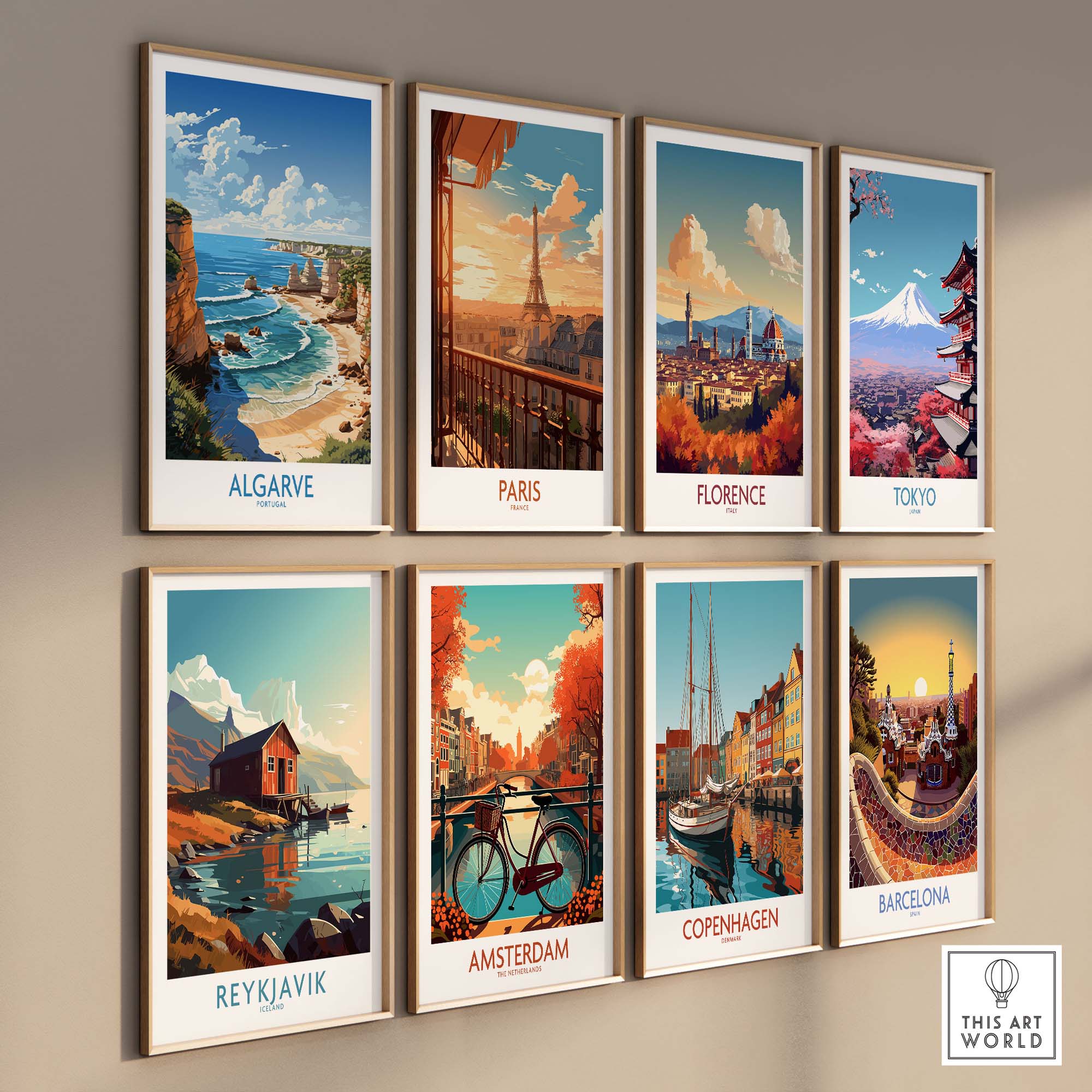 Gallery wall of modern travel posters, featuring Algarve, Paris, Florence, Tokyo, Reykjavik, Amsterdam, Copenhagen, and Barcelona.
