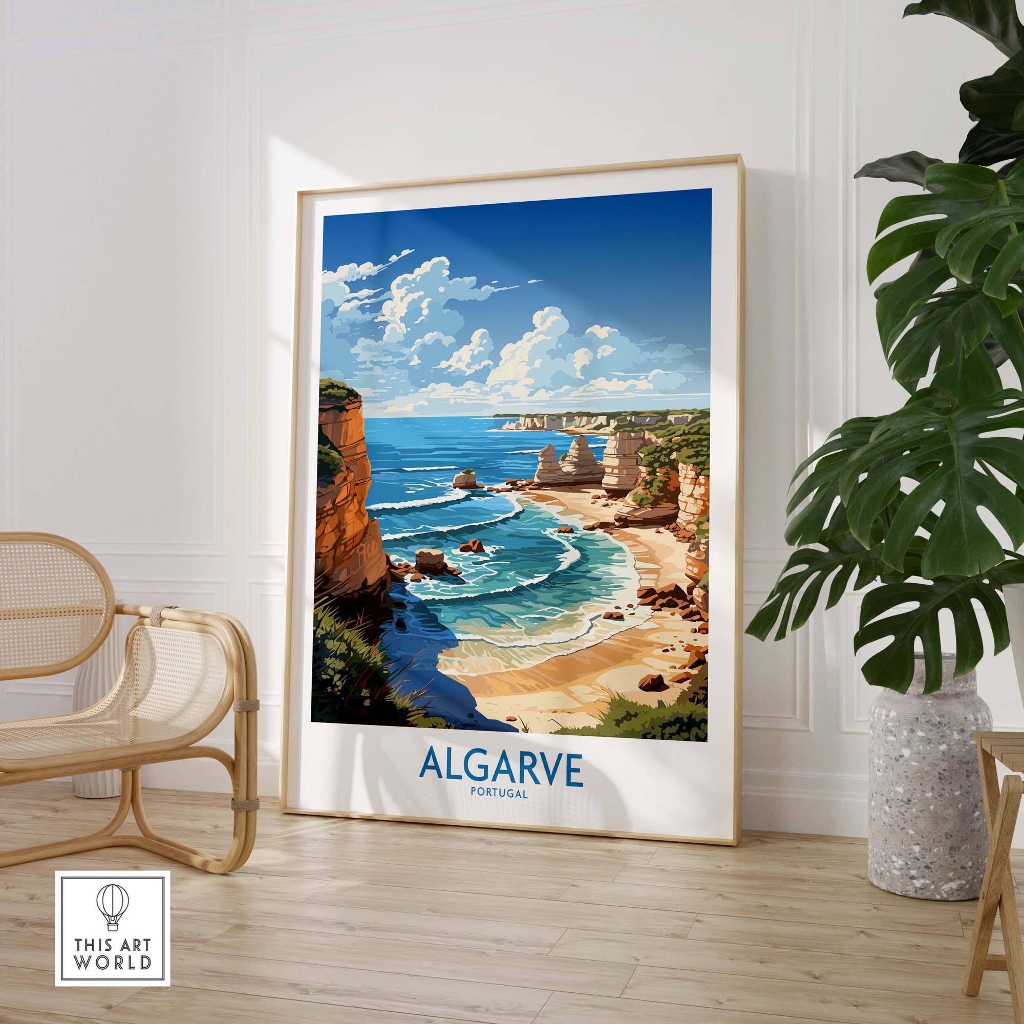Algarve poster featuring scenic coastline and colorful artwork, perfect for home decor and travel memories.