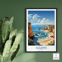 Algarve poster showcasing vibrant coastal scenery of Portugal, framed and displayed against a green wall.