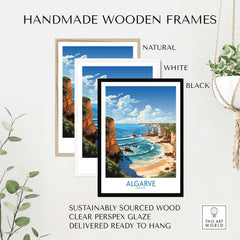 Handmade wooden frames in natural, white, and black colors displaying Algarve Poster art print with coastal scenery.