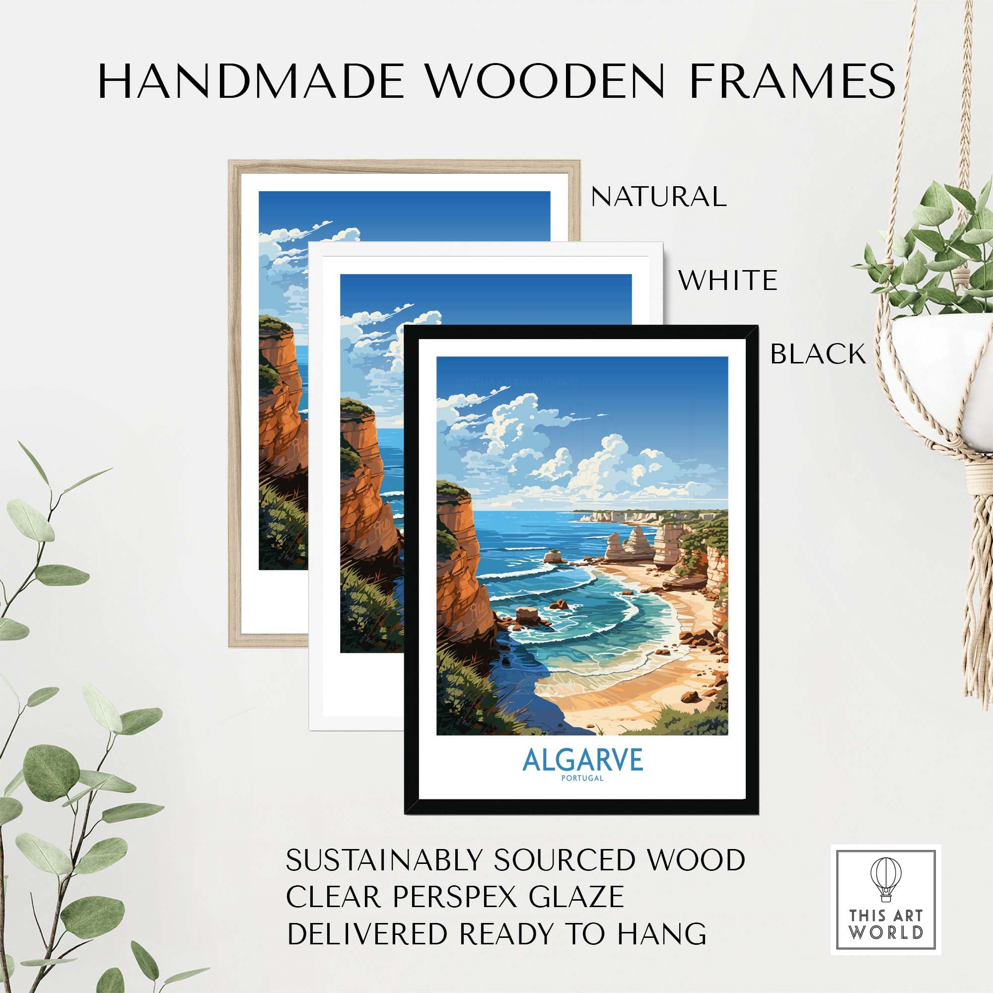 Handmade wooden frames in natural, white, and black colors displaying Algarve Poster art print with coastal scenery.